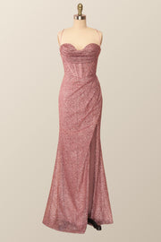 Fitted Red Cowl Neck Long Party Dress with Slit