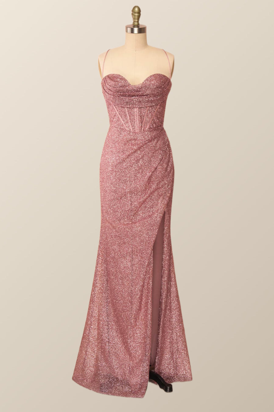 Fitted Red Cowl Neck Long Party Dress with Slit
