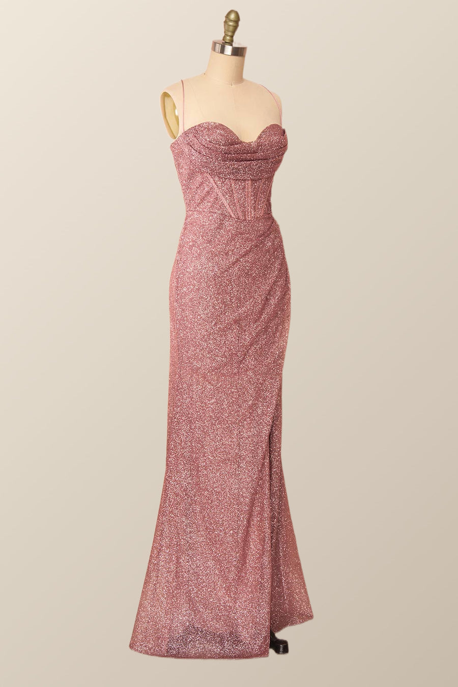 Fitted Red Cowl Neck Long Party Dress with Slit