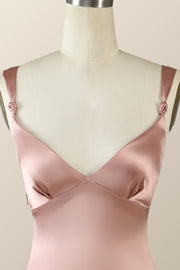 Blush Pink Silk Sheath Long Bridesmaid Dress with Slit