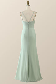 Scoop Mint Green Chiffon Pleated Long Bridesmaid Dress