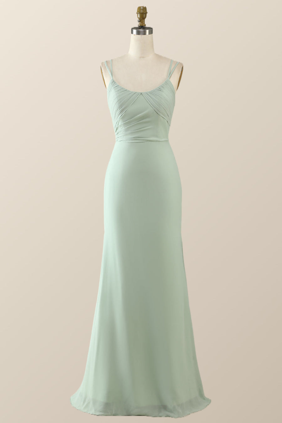 Scoop Mint Green Chiffon Pleated Long Bridesmaid Dress