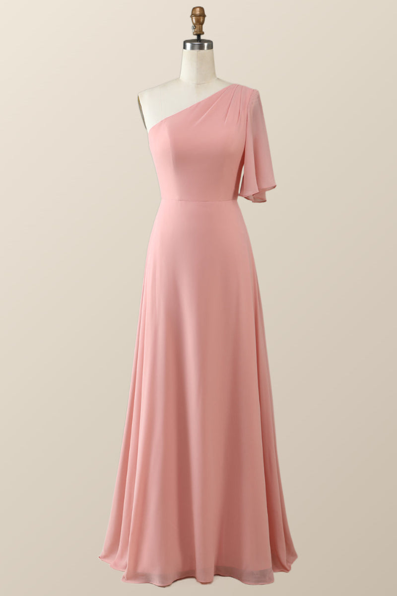 blush one shoulder chiffon dress One-Shoulder Floor-Length Chiffon Formal Gown Pleated Bodice Poly USA 7140