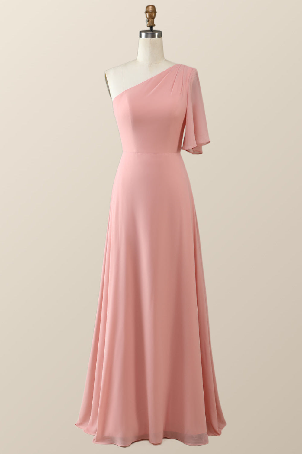 One Shoulder Blush Pink Chiffon Long Bridesmaid Dress – Ohmollydress