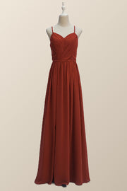 Straps Burnt Orange Chiffon A-line Long Bridesmaid Dress
