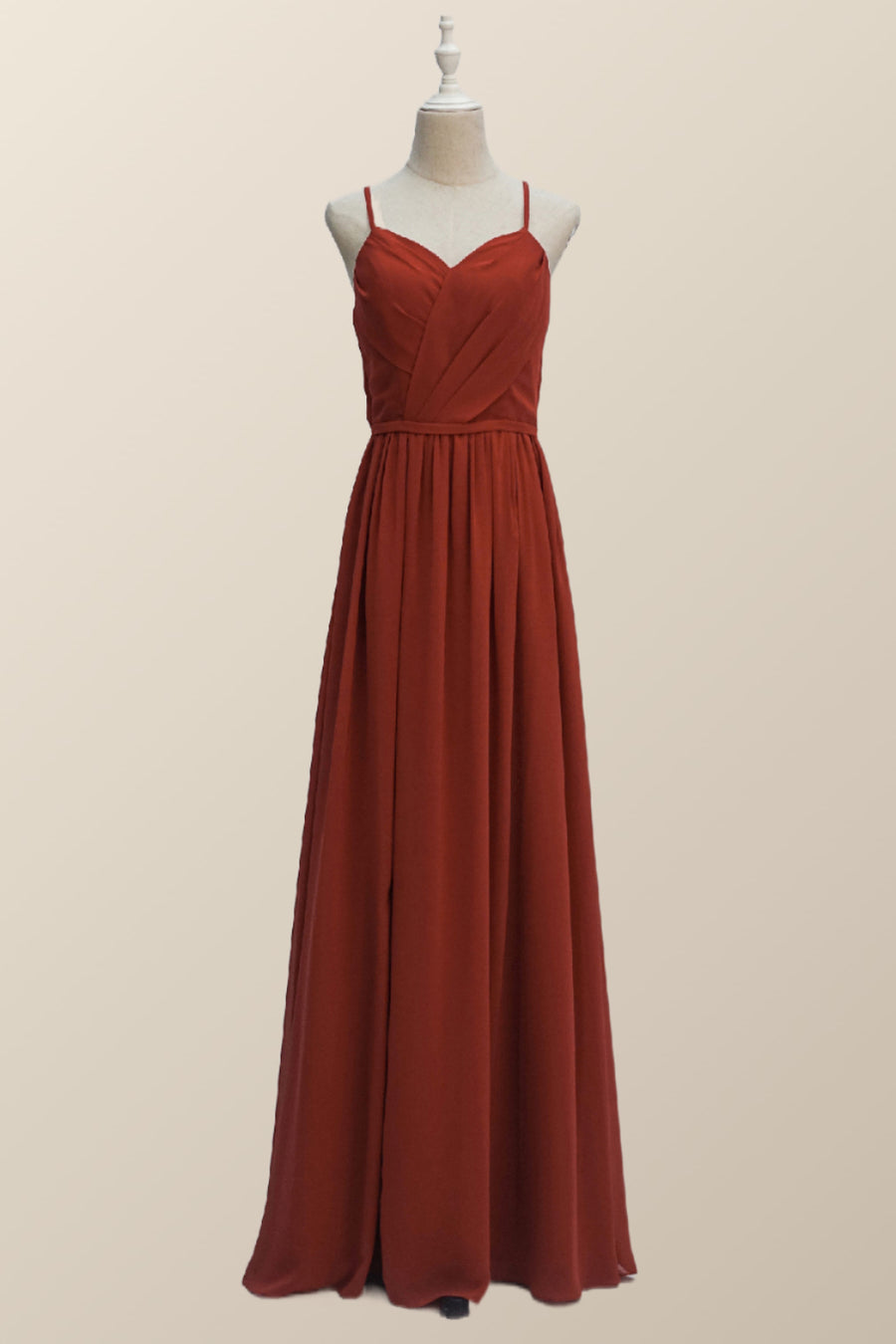 Straps Burnt Orange Chiffon A-line Long Bridesmaid Dress
