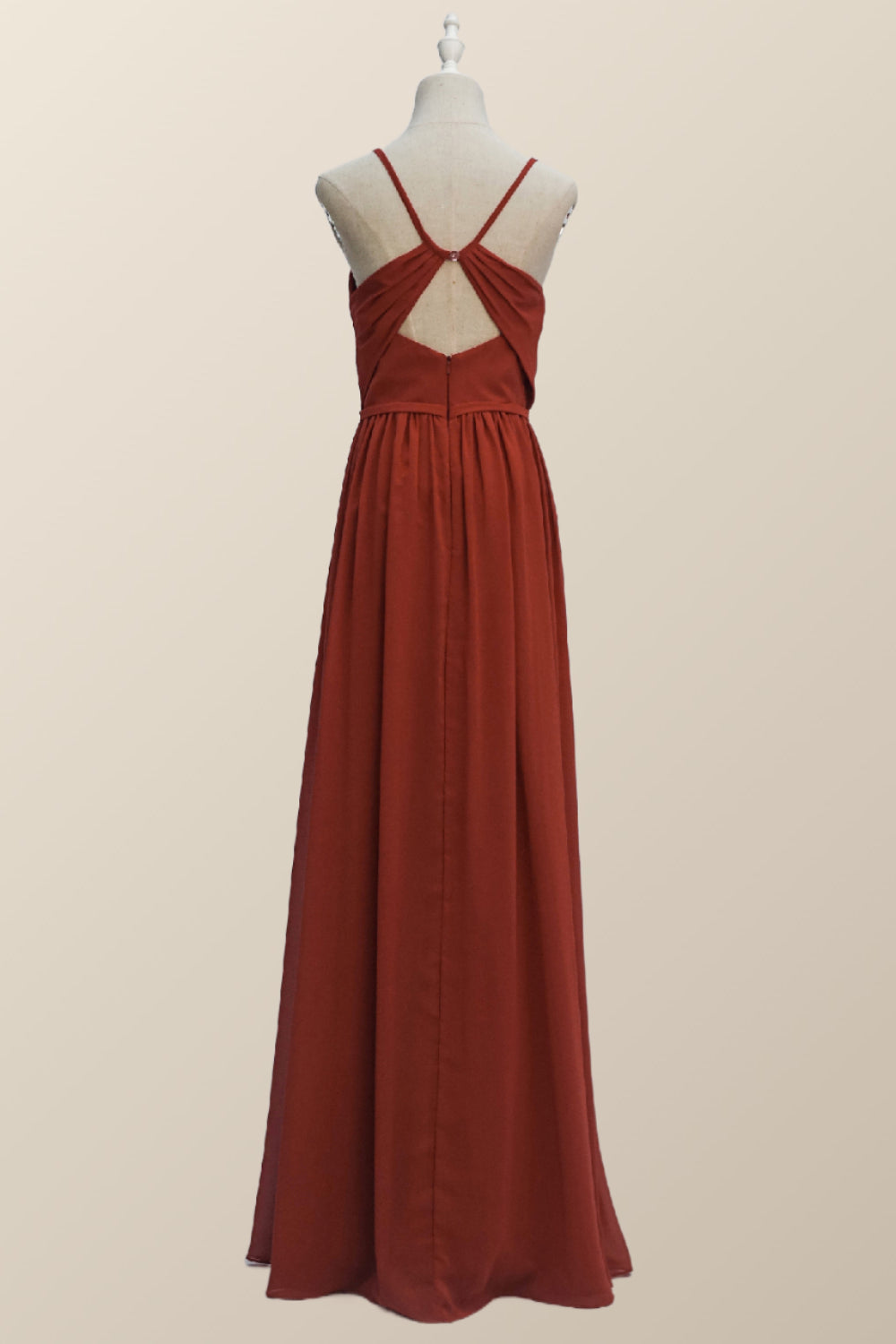 Straps Burnt Orange Chiffon A-line Long Bridesmaid Dress
