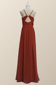 Straps Burnt Orange Chiffon A-line Long Bridesmaid Dress