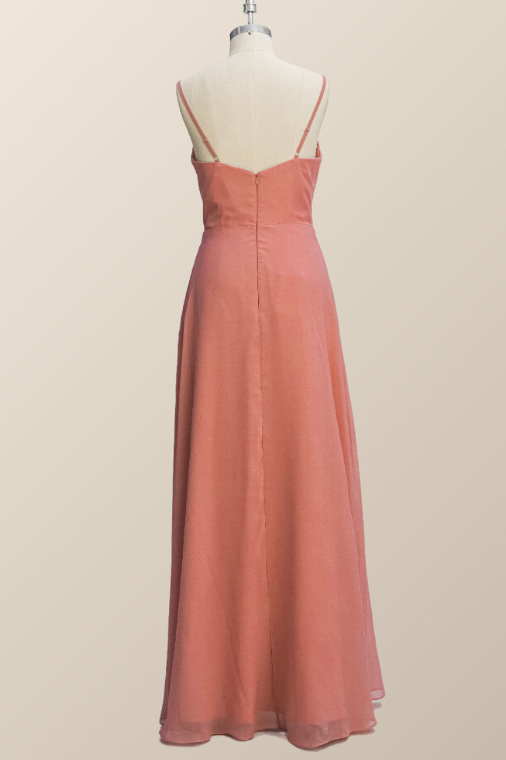 Straps Coral Chiffon A-line Ruffle Long Bridesmaid Dress