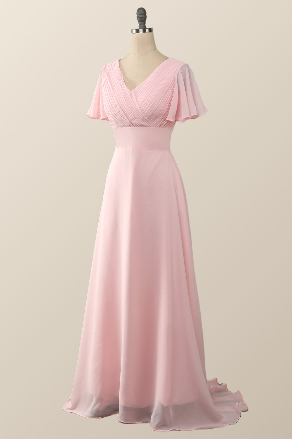 Pleated Pink Flare Sleeves Chiffon Long Bridesmaid Dress