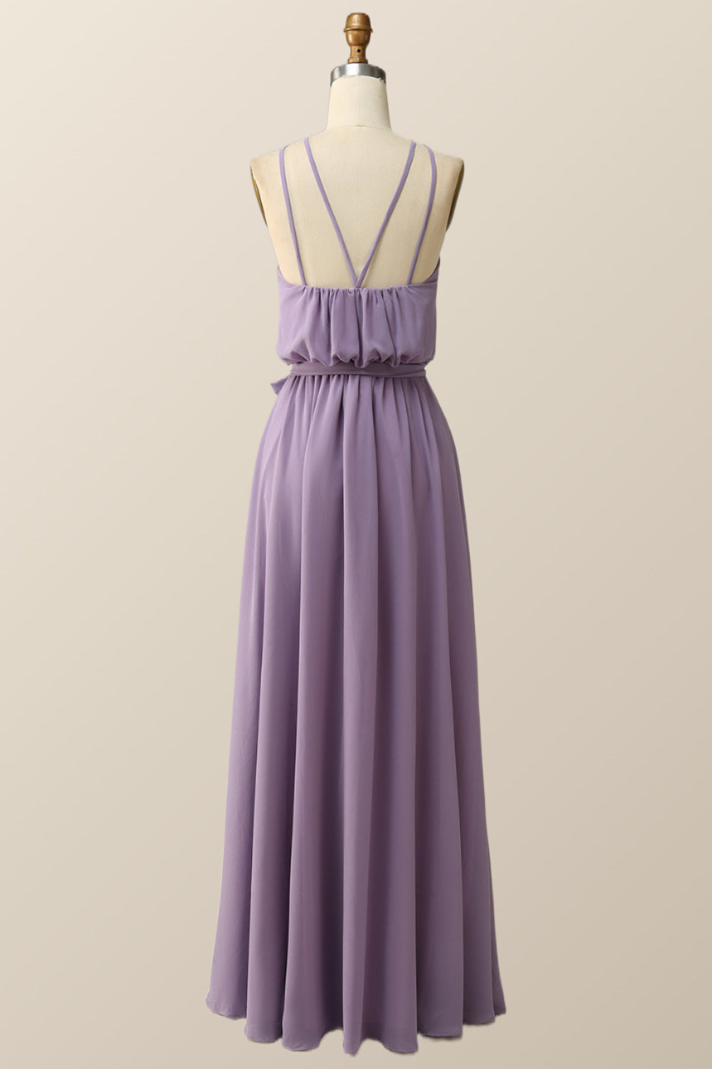 Halter Straps Purple Chiffon Long Bridesmaid Dress