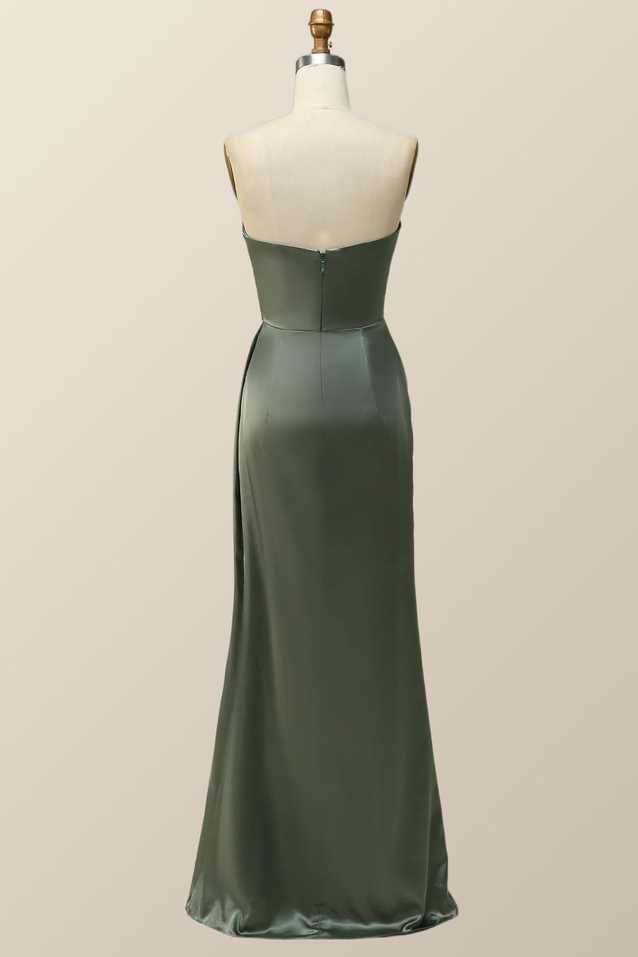 Moss Green Satin Strapless Long Bridesmaid Dress