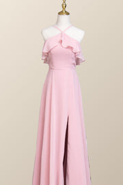 Pink Chiffon Ruffle Halter A-line Long Bridesmaid Dress