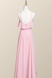 Pink Chiffon Ruffle Halter A-line Long Bridesmaid Dress