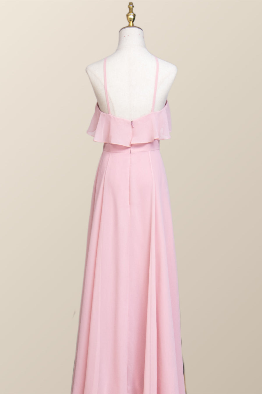 Pink Chiffon Ruffle Halter A-line Long Bridesmaid Dress