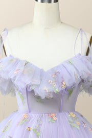 Straps Lavender Floral A-line Short Homecoming Dress