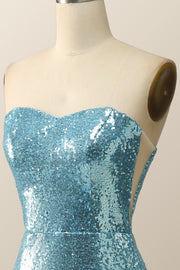 Strapless Blue Sequin Mermaid Long Formal Dress