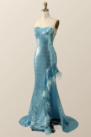 Strapless Blue Sequin Mermaid Long Formal Dress