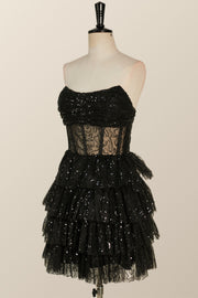 Strapless Black Illusion Ruffles A-line Short Dress