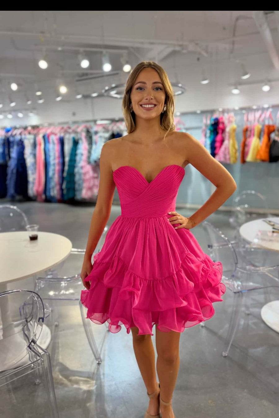Fuchsia Ruched Chiffon A-line Short Ruffle Dress