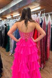 Beaded Yellow Chiffon A-line Tiered Ruffle Gown