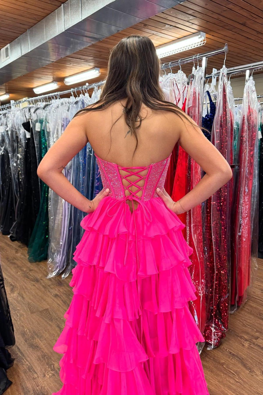 Beaded Yellow Chiffon A-line Tiered Ruffle Gown