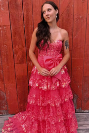 Strapless Red Sequin Tiered Long Dress with Slit