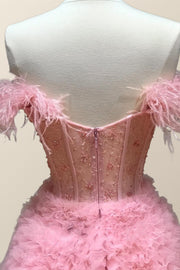 Off the Shoulder Pink Tiered Layers Long Formal Gown
