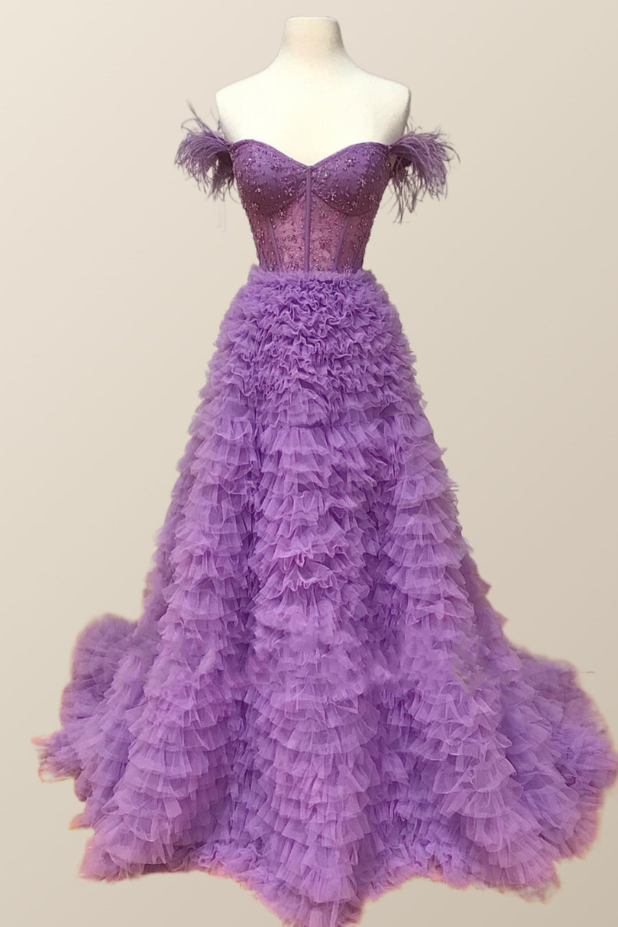Off the Shoulder Pink Tiered Layers Long Formal Gown