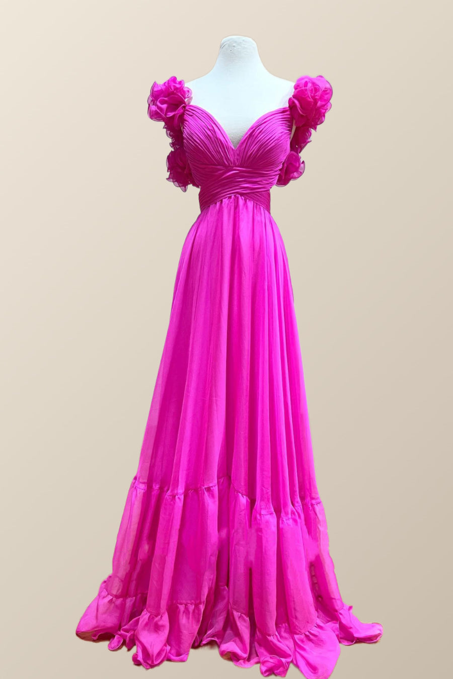 Ruffle Straps Fuchsia Pleated A-line Boho Dress