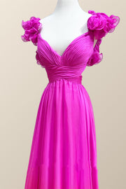Ruffle Straps Fuchsia Pleated A-line Boho Dress
