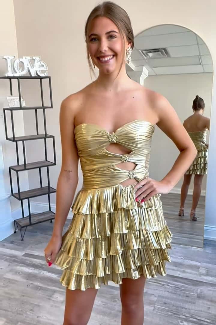 Strapless Gold Ruched Metallic Short Dress with Keyhole