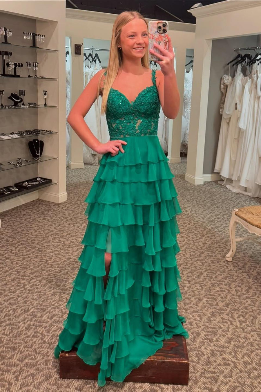 Straps Orange Appliques and Chiffon Ruffle Formal Dress