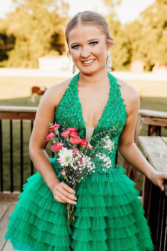 green ruffle mini dress Halter Green Ruffle Short Dress with Appliques – Ohmollydress