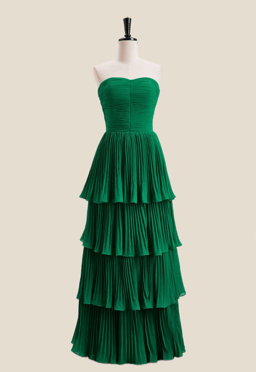 Strapless Sage Pleated Tiered Long Party Dress