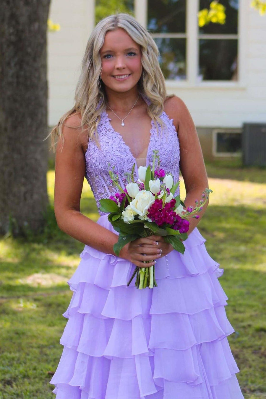 Halter Yellow Appliques Ruffle Long Dress