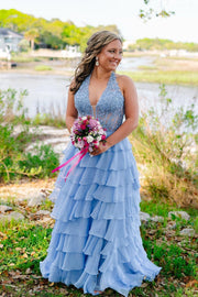 Halter Yellow Appliques Ruffle Long Dress