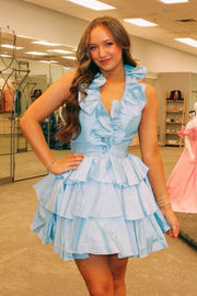 Halter Sage Green Ruffle Tiered Short Dress