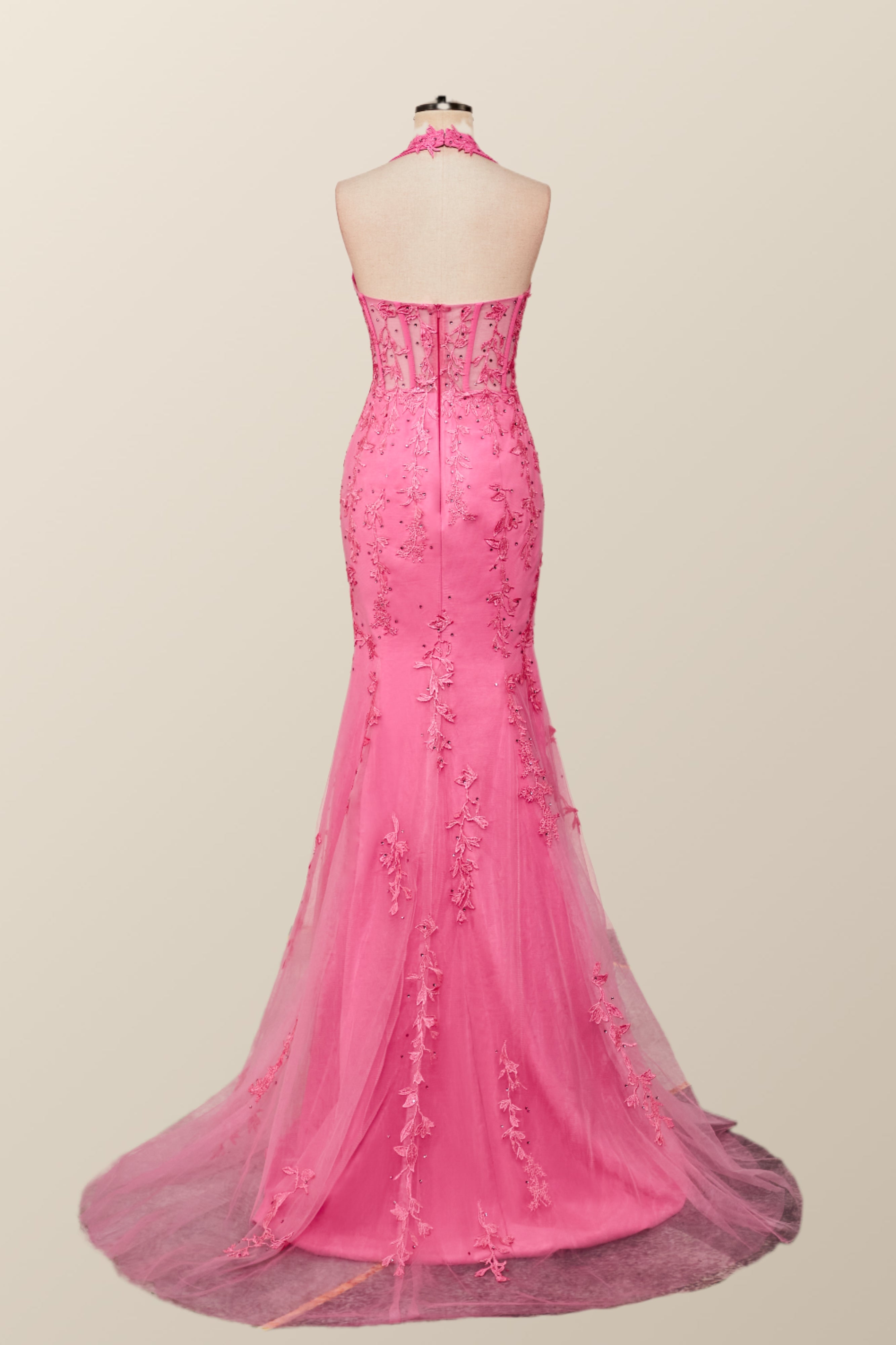 Halter Hot Pink Lace Mermaid Prom Dress