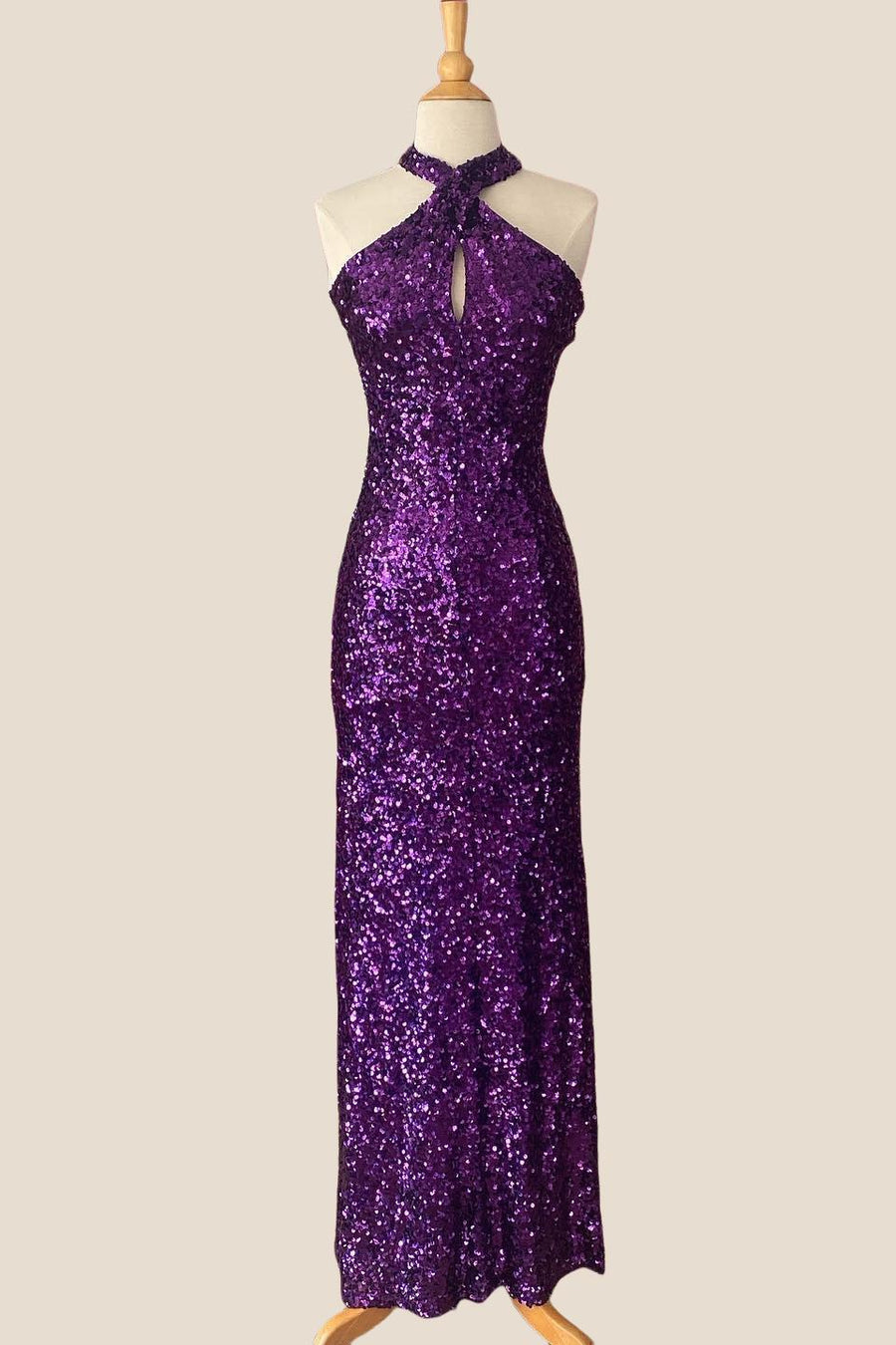 Halter Purple Sequin Sheath Long Party Dress