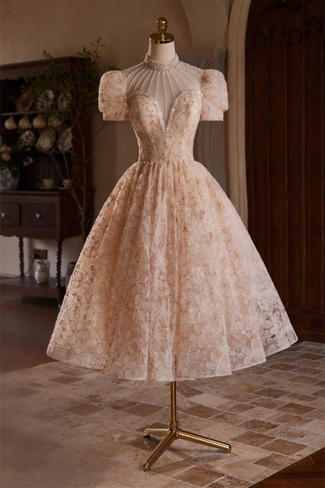Beaded High Neck Champagne Floral Tea Length Dress Ohmollydress Beaded High Neck Champagne Floral Tea Length Dress Ohmollydress
