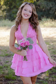 Appliques Periwinkle Chiffon Tiered Ruffle Short Dress