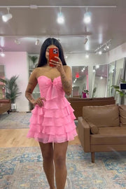 Strapless Hot Pink Chiffon Bow Ruffle Short Dress