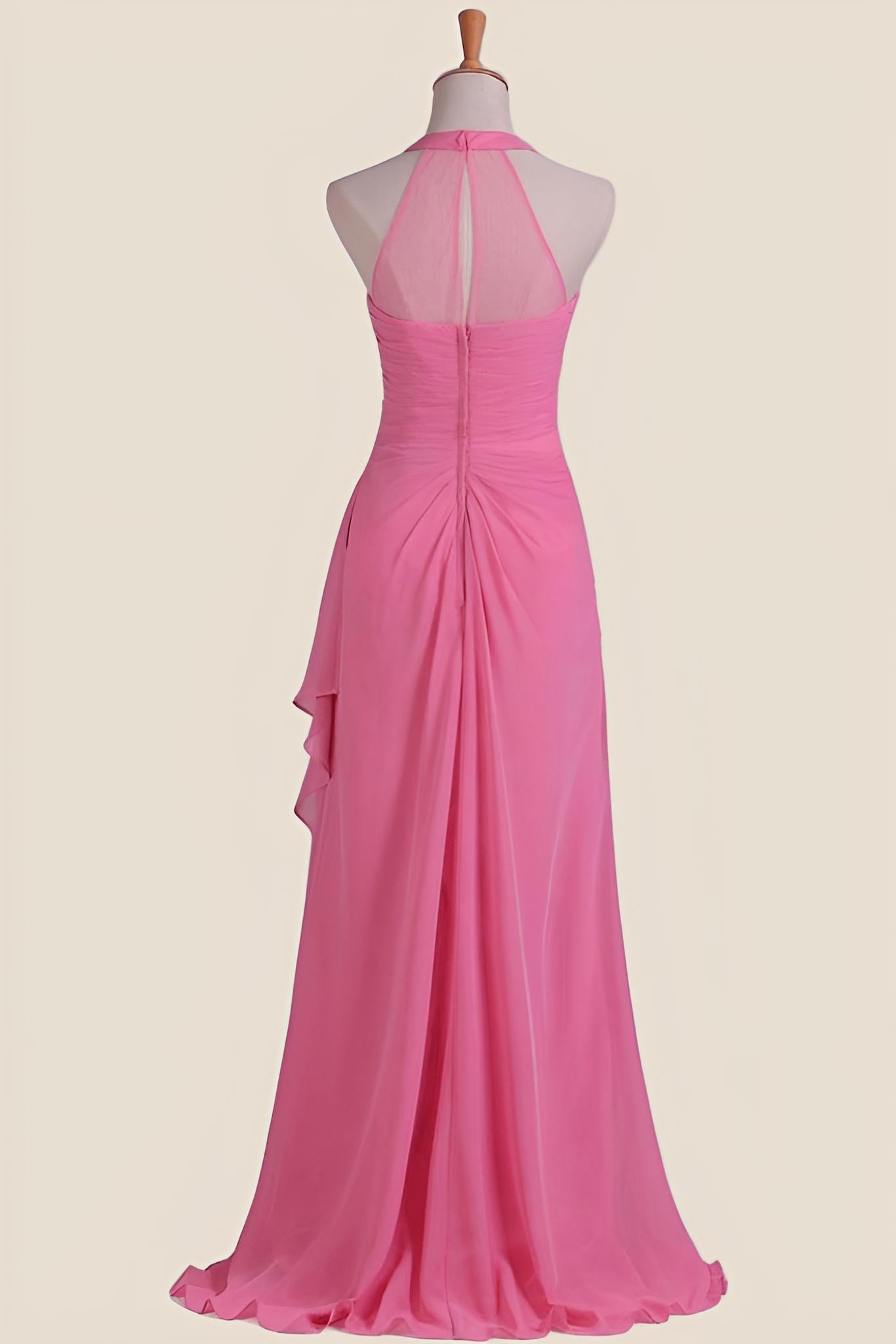 Hot Pink Halter Chiffon Draped Long Dress