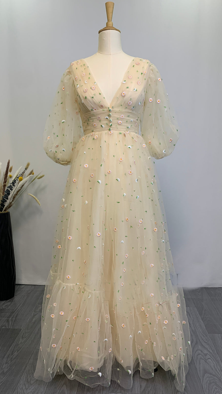 Blue and Yellow Daisy Floral Tea Length Dress