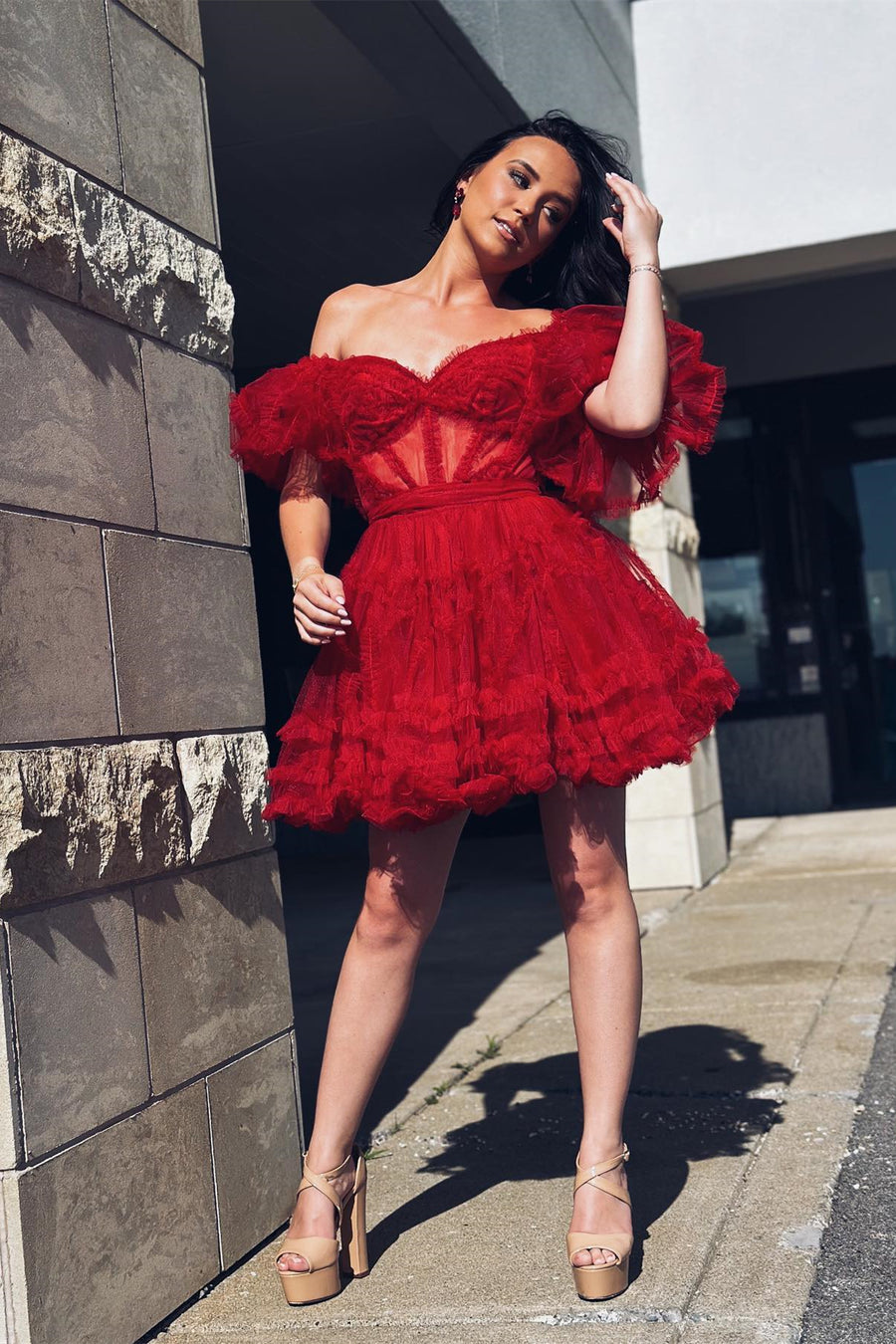 Off the Shoulder Hot Pink Ruffles Short A-line Homecoming Dress