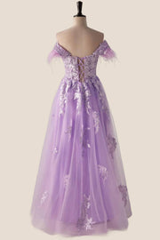 Off the Shoulder Lavender Lace Appliques Long Formal Dress