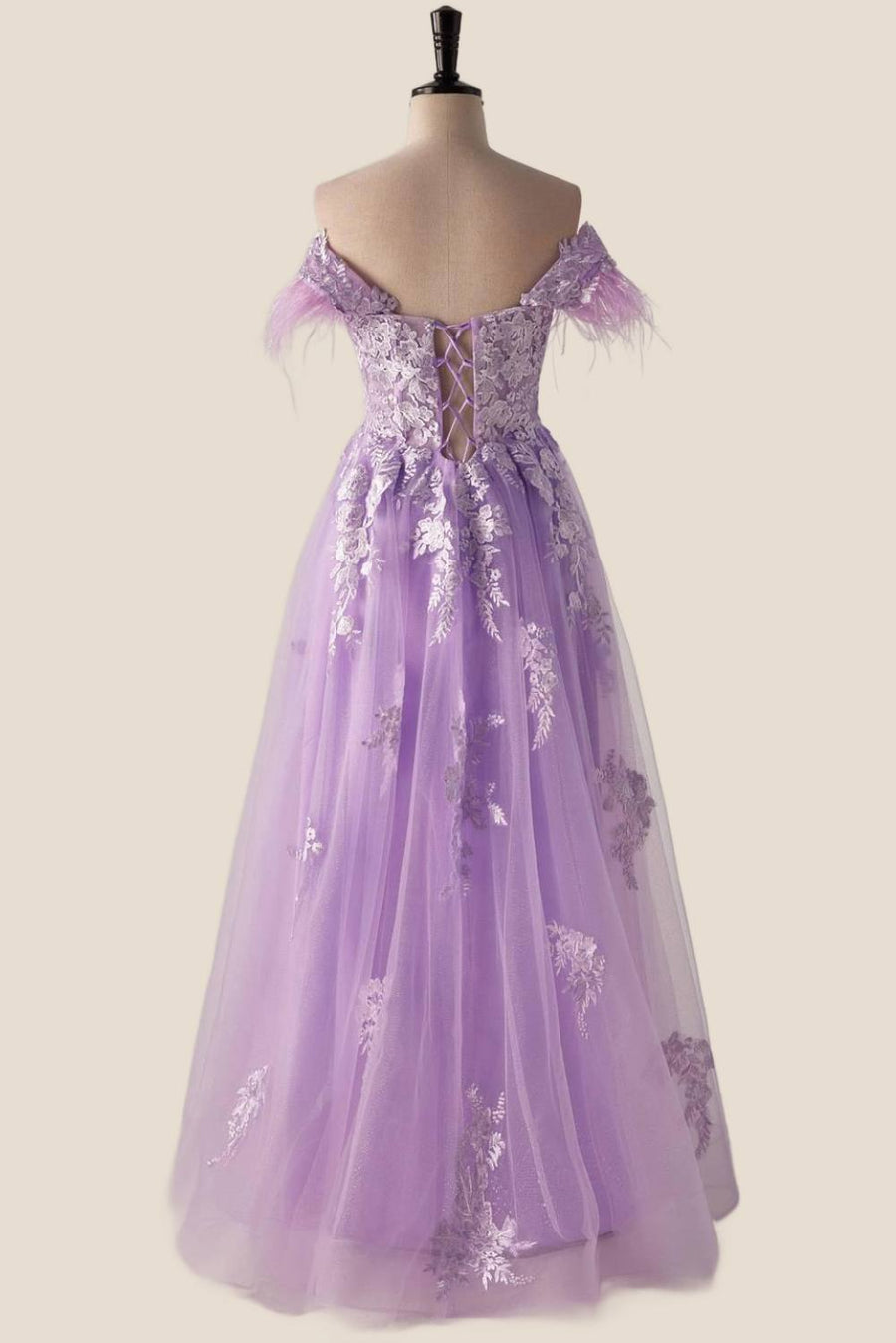 Off the Shoulder Lavender Lace Appliques Long Formal Dress