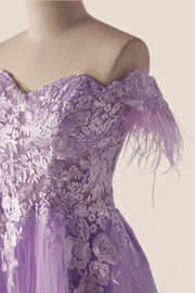 Off the Shoulder Lavender Lace Appliques Long Formal Dress