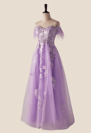 Off the Shoulder Lavender Lace Appliques Long Formal Dress